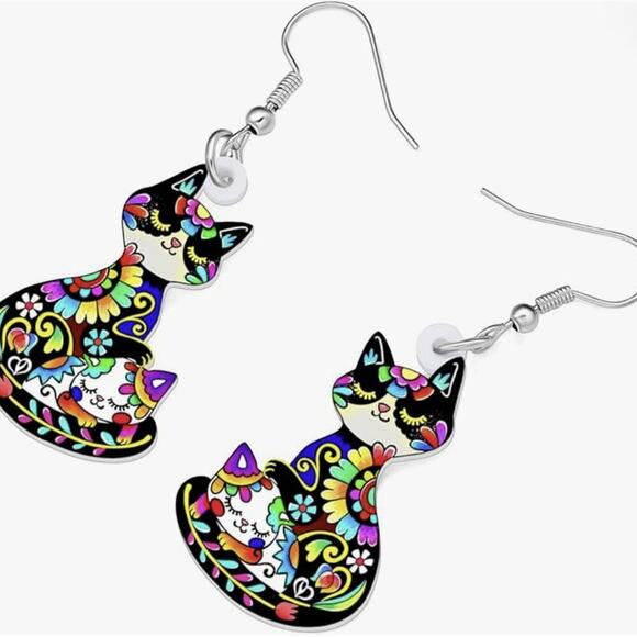 Colorful Folk Art Cat Earrings Acrylic Floral Boho Dangle NWT - Picture 3 of 6